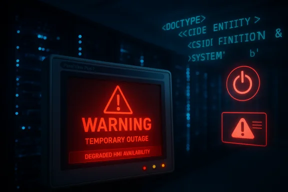Red warning screen in a data center shows temporary outage and degraded HMI availability.