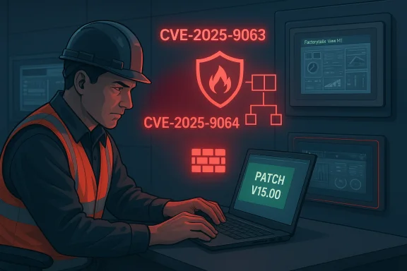 Tech wearing safety vest analyzes CVE-2025-9063/9064 and applies PATCH V15.00.