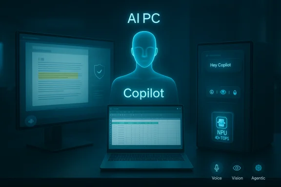 Neon-blue AI Copilot scene with a holographic figure, monitors, laptop, and a server.