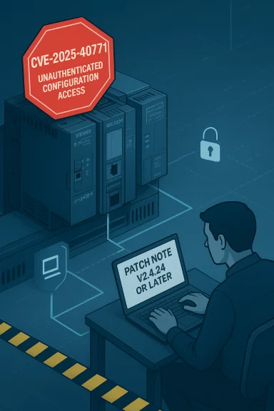 A technician reviews patch notes at a server rack after CVE-2025-40771 unauthorized configuration access.