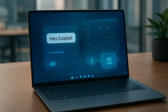 A laptop on a desk displays a blue holographic UI with “Hey Copilot”.