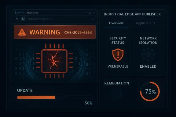 A dark, futuristic security dashboard shows CVE-2025-6554 warning with vulnerable status and 75% remediation progress.
