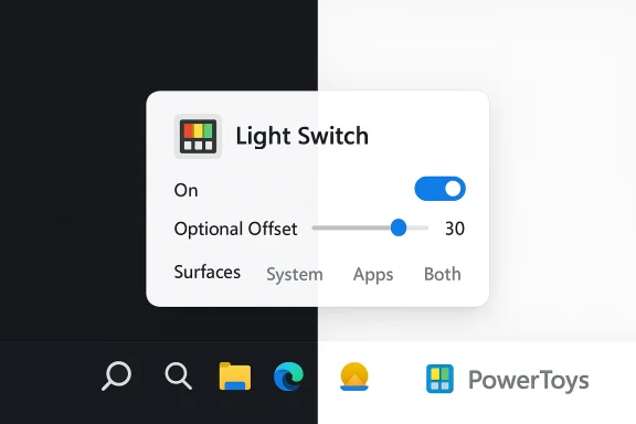 Light Switch settings panel with On toggle and offset slider on a split dark/light background.