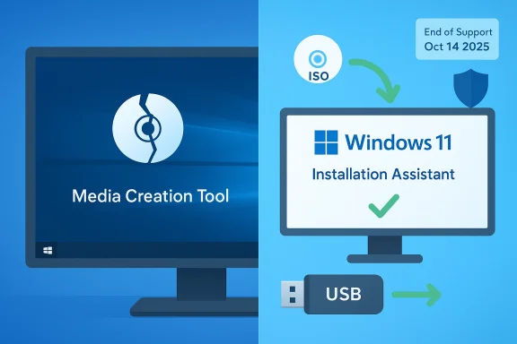 Split-screen illustration of Windows 11 Media Creation Tool and Installation Assistant.