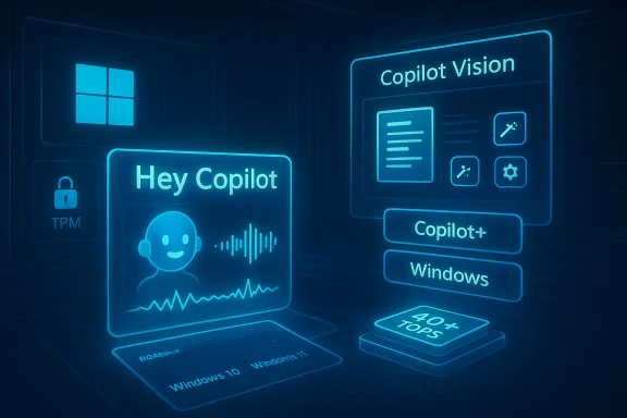 Neon futuristic UI showcasing Copilot features: Hey Copilot, Copilot Vision, and Copilot+ on Windows.