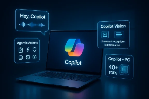 A laptop surrounded by neon holographic panels advertising Copilot features like Vision and Agentic Actions.