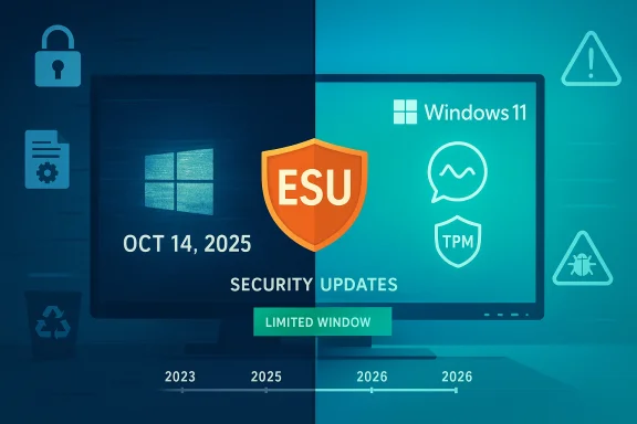 ESU shield over Windows 11 security updates, showing Oct 14, 2025 and a limited window.