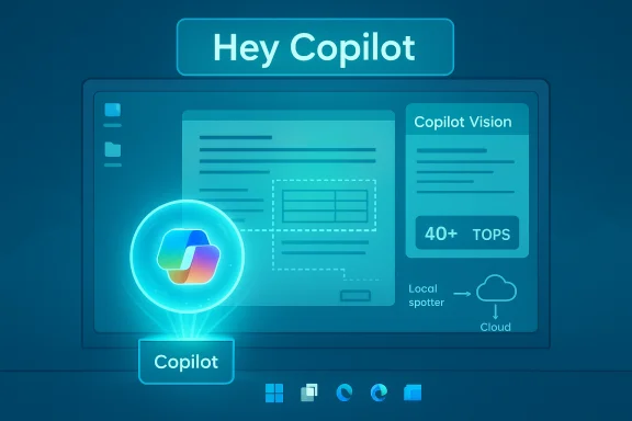 A blue, futuristic UI showing 'Hey Copilot' with Copilot logo and a Copilot Vision panel.