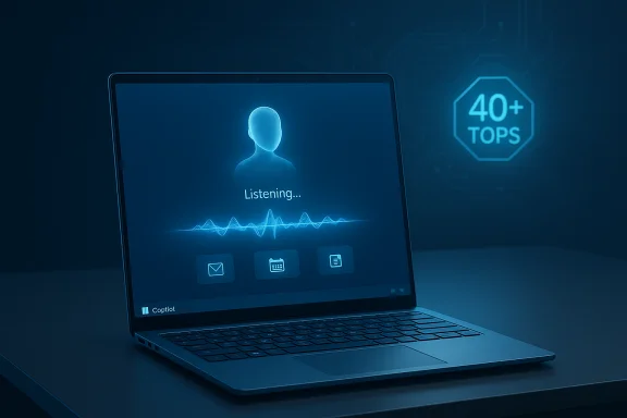 Blue-toned laptop screen showing a listening voice assistant with waveform and icons.