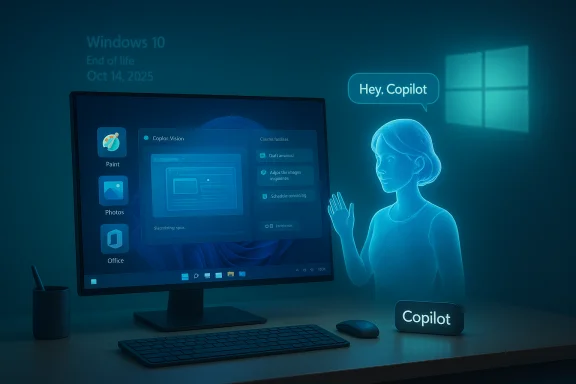 A blue holographic Copilot assistant greets a user beside a Windows 10 desktop.