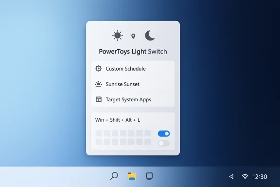 PowerToys Light Switch panel offering Custom Schedule, Sunrise Sunset, and Target System Apps.