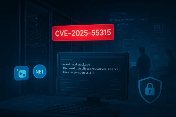 Data center scene with a red CVE-2025-55315 alert above code on a monitor and .NET security icons.
