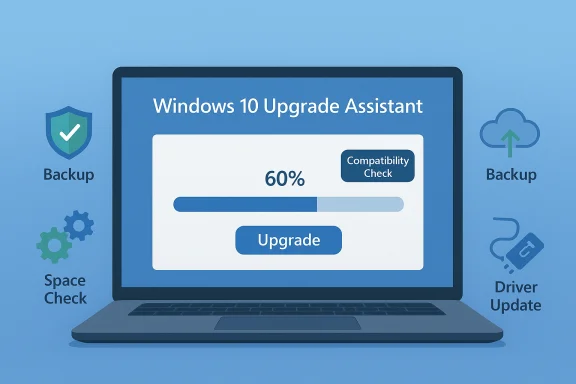 Windows 10 Upgrade Assistant at 60% progress with Upgrade and Compatibility Check, beside backup icons.