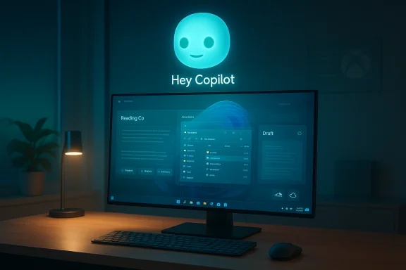 Desk setup with a large monitor and a blue-glowing “Hey Copilot” sign overhead.