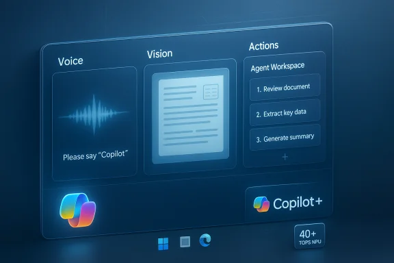A futuristic UI dashboard featuring Voice, Vision, and Actions panels with Copilot+ branding.