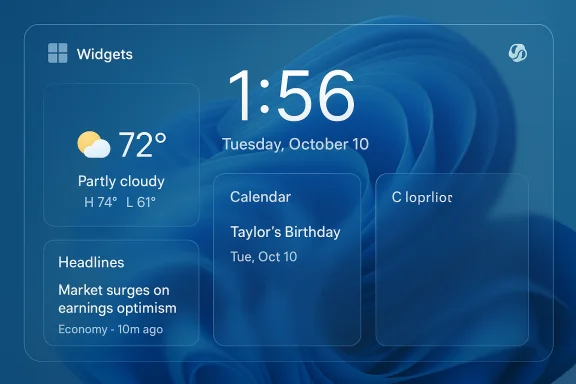 A blue glass dashboard with floating widgets showing weather, time, calendar, and headlines.