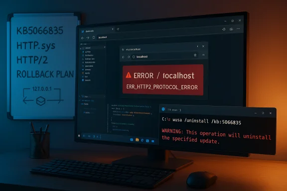 Desk setup with a monitor showing ERROR/localhost and a terminal uninstall warning, beside a whiteboard rollback plan.