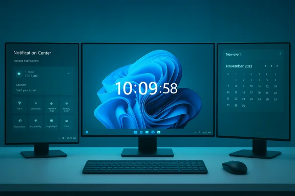 Triple-monitor setup with a large center clock and side panels for notifications and a calendar.