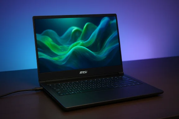 MSI laptop on a desk, plugged in, displaying green-blue abstract waves on its screen. MSI laptop on a desk, plugged in, displaying green-blue abstract waves on its screen.