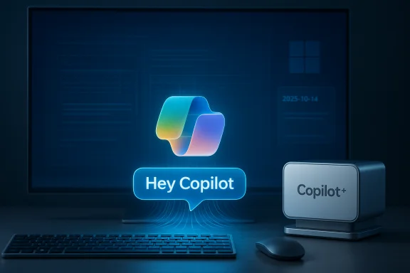 A glowing “Hey Copilot” prompt with a Copilot+ device on a futuristic desk.