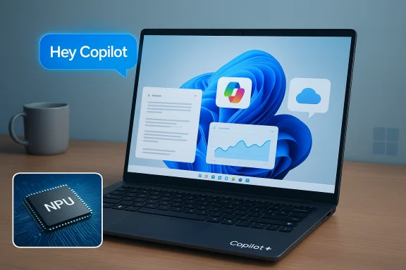 Laptop screen shows Copilot+ UI with a 'Hey Copilot' prompt and an NPU chip close-up.