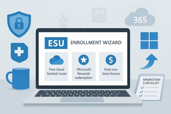 ESU Enrollment Wizard on a laptop, highlighting cloud backup, rewards redemption, and licensing options.