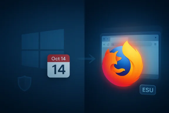Windows on the left with an Oct 14 calendar, arrow pointing to Firefox ESR in a web browser.