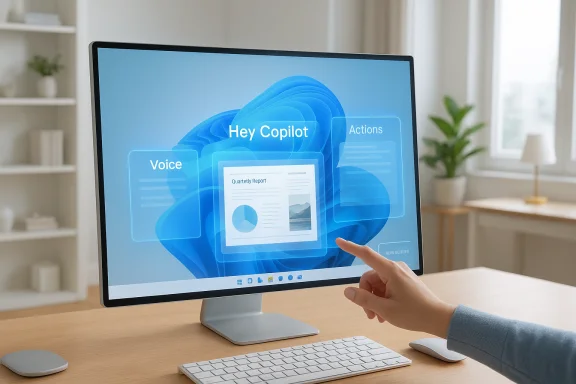 A hand taps a holographic UI on a desktop monitor displaying “Hey Copilot.”