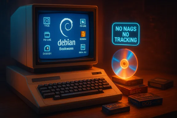 Vintage computer displays Debian Bookworm; neon NO NAGS NO TRACKING sign glows beside a CD and old disks.