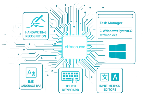 Glowing circuit-board with a central chip labeled 'ctfmon.exe' and Windows UI icons. Glowing circuit-board with a central chip labeled 'ctfmon.exe' and Windows UI icons.