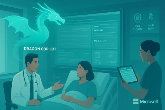 A doctor and nurse discuss a patient with a teal dragon labeled “Dragon Copilot” in a Microsoft care setting.