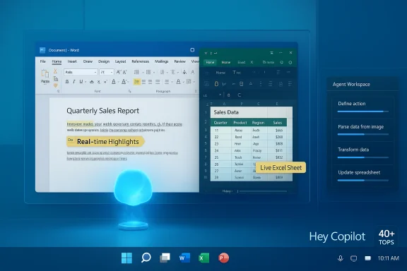 Blue-tinted desktop showing Word document and live Excel sheet with a Hey Copilot panel.