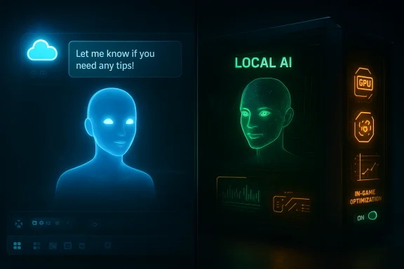 A blue AI avatar chats on the left while a green LOCAL AI server enables in-game optimization.