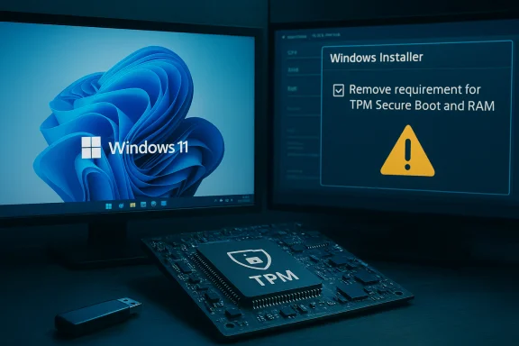 Windows 11 on the left monitor, a TPM chip in the foreground, and a Windows Installer warning about TPM/Secure Boot.