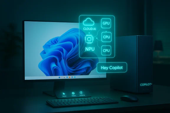 Neon holographic AI panel hovering beside a desktop PC displaying CPU/GPU/NPU and “Hey Copilot”.