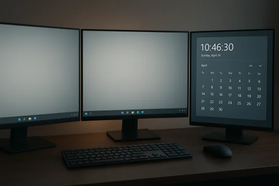 A three-monitor setup on a wooden desk, with a calendar displayed on the right monitor.