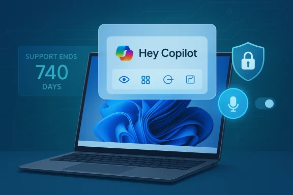 A laptop displays a floating 'Hey Copilot' UI with security and mic icons in a blue tech theme.