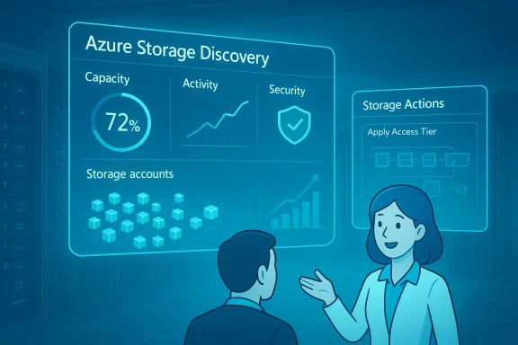 Two people discuss an Azure Storage Discovery dashboard showing 72% capacity, activity, security, and storage accounts.