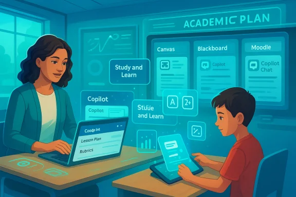 A teacher and student collaborate on digital study plans with holographic dashboards.