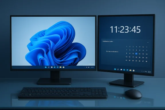 Dual-monitor Windows setup with a blue abstract wallpaper, keyboard and mouse.