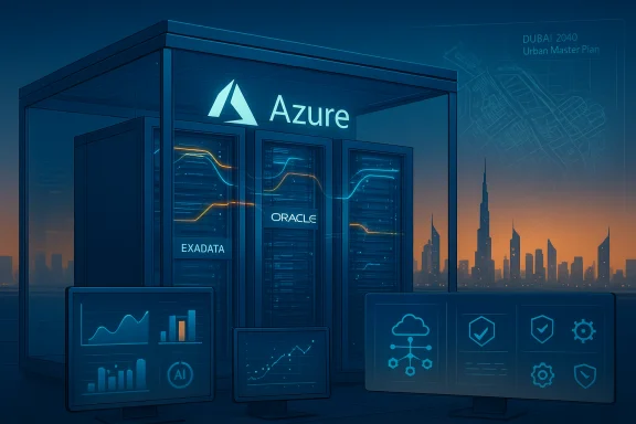 Azure data center cube housing Oracle Exadata, with neon dashboards and a Dubai skyline. Azure data center cube housing Oracle Exadata, with neon dashboards and a Dubai skyline.