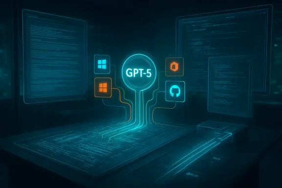 Futuristic holographic UI centered on GPT-5, with connected Windows and GitHub icons. Futuristic holographic UI centered on GPT-5, with connected Windows and GitHub icons.