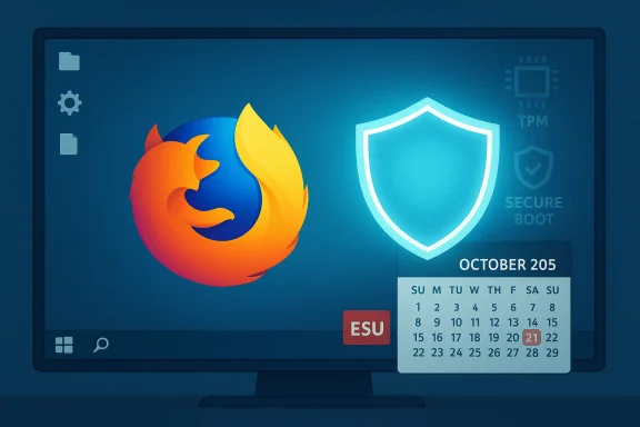 Firefox logo on a monitor beside a glowing secure-boot shield and calendar.