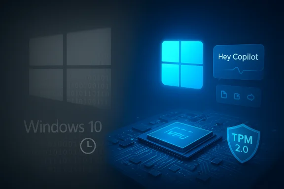 Futuristic Windows 10 tech scene featuring Copilot AI, TPM 2.0, and a chip on a circuit board.