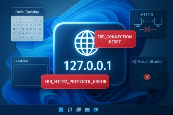 Blue tech collage showing 127.0.0.1 with HTTP errors and developer tools.