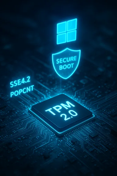 A glowing blue TPM 2.0 chip on a circuit board, with a Secure Boot shield.