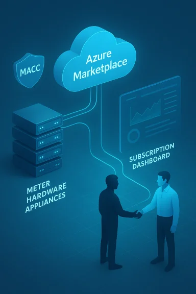 Two people handshake as Azure Marketplace links meters and hardware appliances to a subscription dashboard.