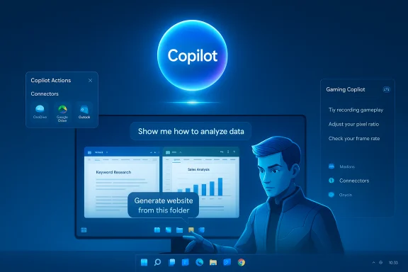 A glowing Copilot UI guides data analysis and website generation in a futuristic blue interface.