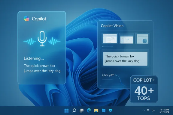 Blue Copilot UI panels float on a Windows desktop, showing listening and vision features.