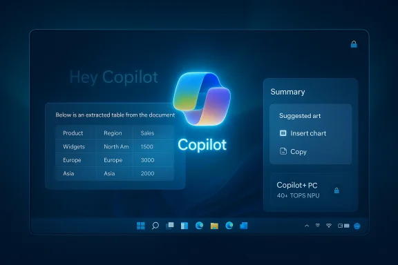 Futuristic dashboard on a curved screen showing Copilot, a data table, and a summary panel.